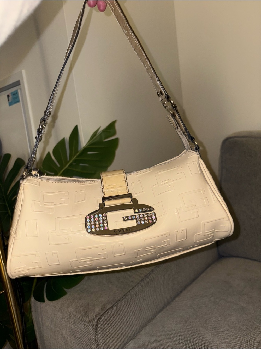 Vintage Y2K Guess Cream Patent Embossed Monogram Shoulder Bag Rhinestone Buckle